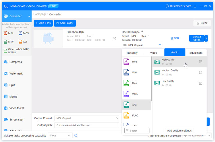 select AAC output format