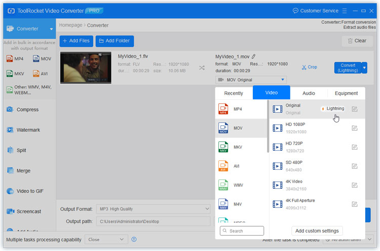 select MOV output format