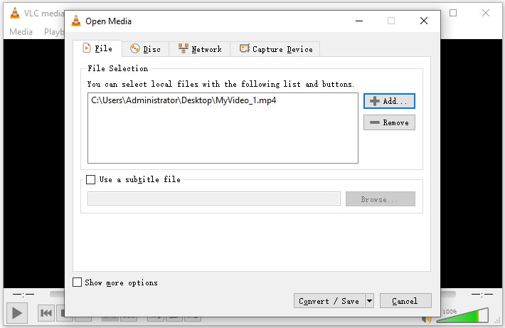 add a VOB file to VLC