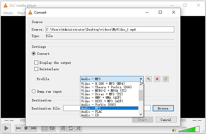 Select MP3 as output format in VLC