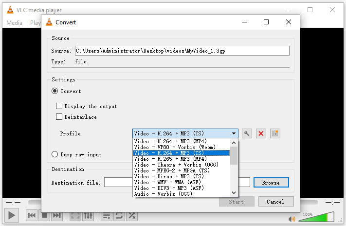 select MP4 output format in VLC