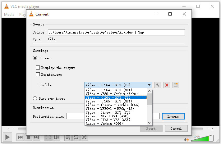 select MP4 output format in VLC